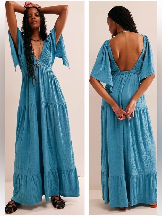 Free People Beach La La Maxi Dress Tiered Flutter Sleeve Teal Blue Green Size S - Picture 11 of 13